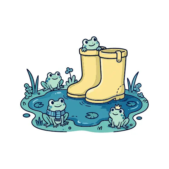 Yellow Rain Boots With Frogs In Puddle