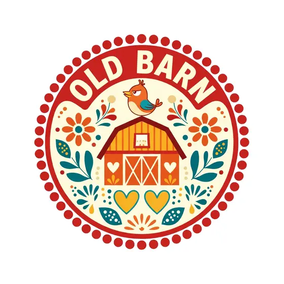 Orange Barn Badge With Teal Leaves