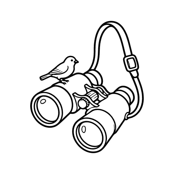 Tilted Binoculars and Perched Sparrow