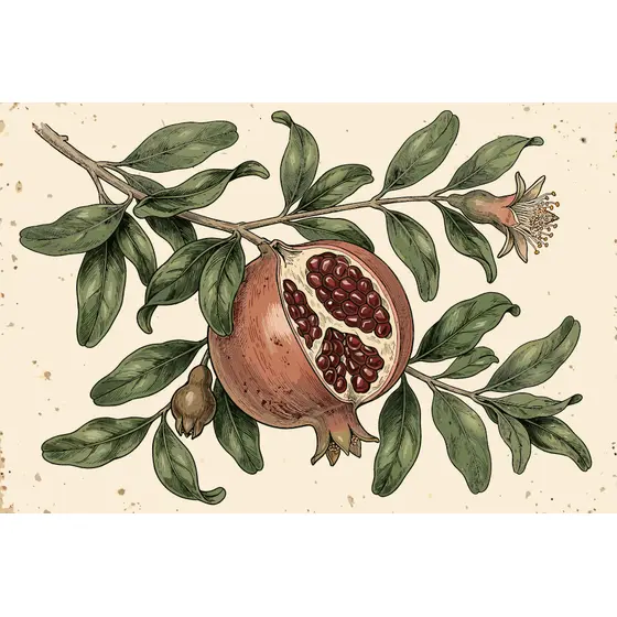 Vintage Pomegranate Branch With Split Fruit