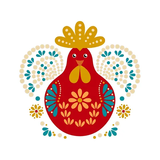 Red Rooster With Floral Tail Fan