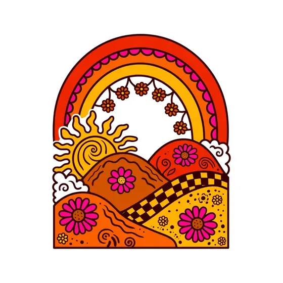 Retro Rainbow Sun Hills With Flowers