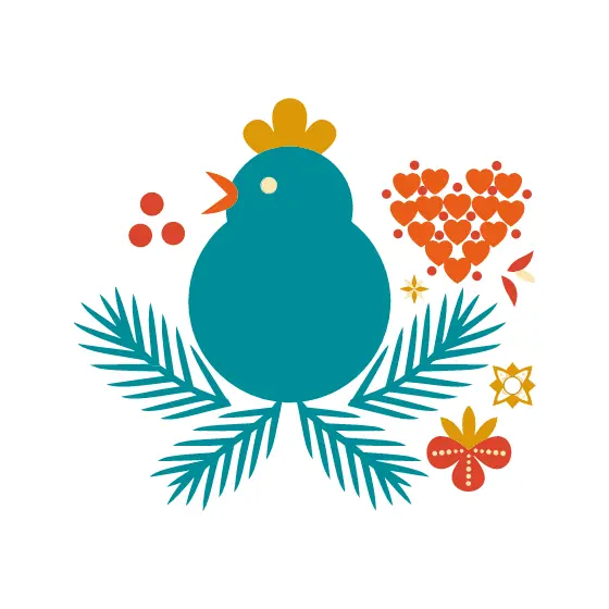Teal Songbird With Pine And Flowers