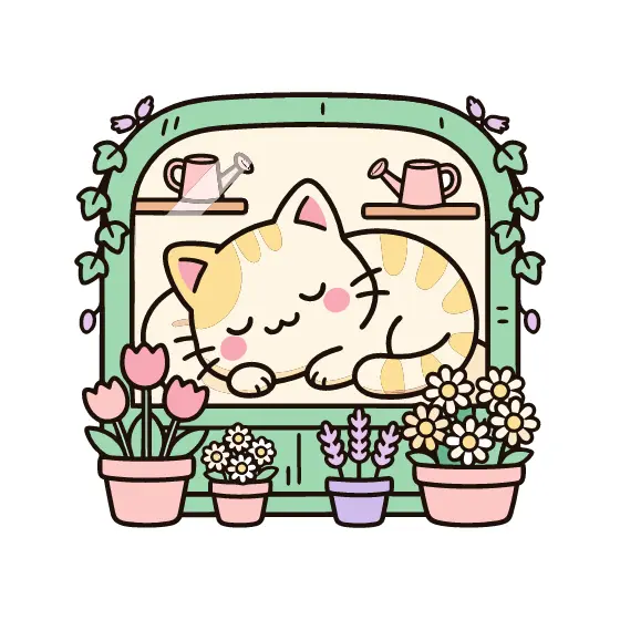 Sleeping Cat In Flower Window