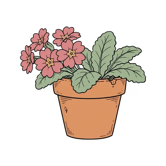 Side-Tilted Primroses in Clay Pot