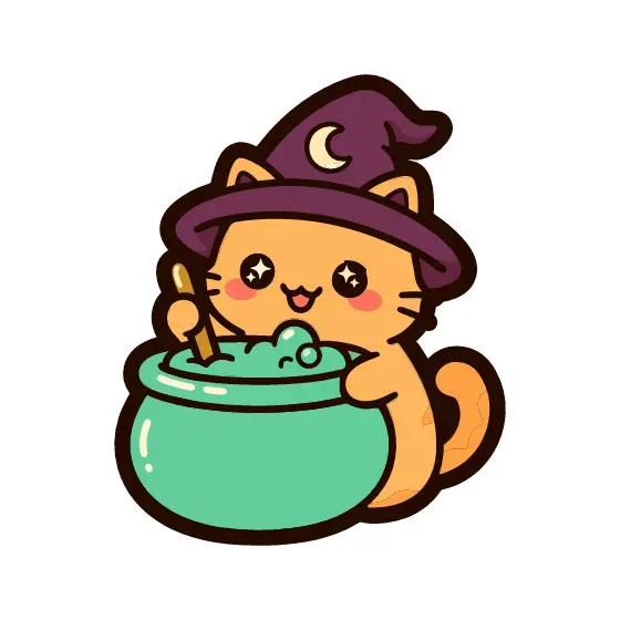 Kawaii Witch Cat Stirring Cauldron