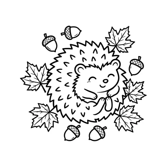 Hedgehog With Scattered Acorns and Leaves
