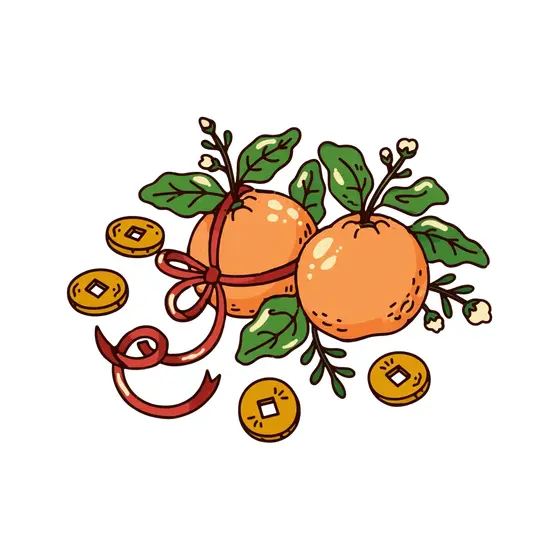 Two Oranges With Sprigs and Scattered Coins