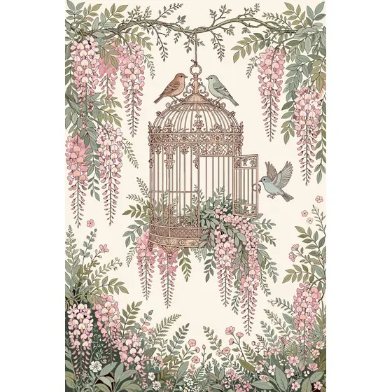 Ornate Birdcage With Wisteria Blossoms