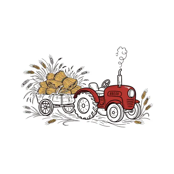 Red Tractor Pulling Wheat Cart