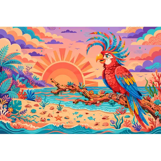 Macaw Perched on Driftwood at Sunset