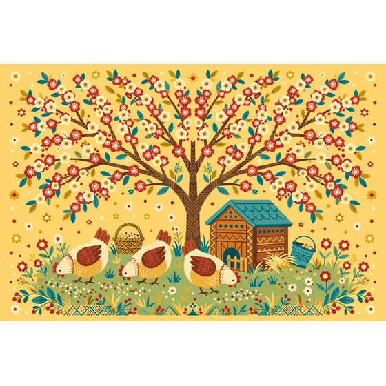 Folk Farmyard With Blossom Tree and Hens