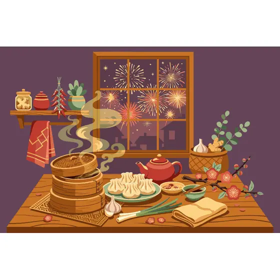 Bamboo Steamers and Dumplings Kitchen Scene