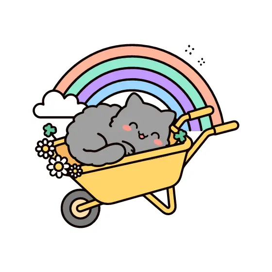 Sleepy Gray Cat in Rainbow Wheelbarrow