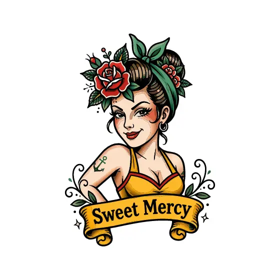 Pin-Up Woman With Roses And Banner