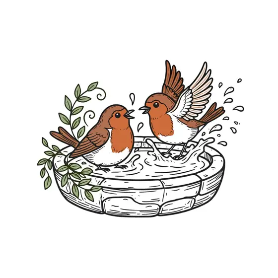 Two Robins Splashing in Stone Bath