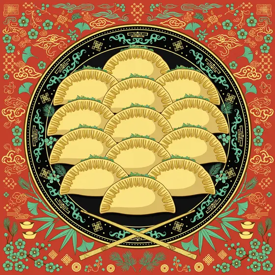 Golden Dumplings Fan on Black Plate