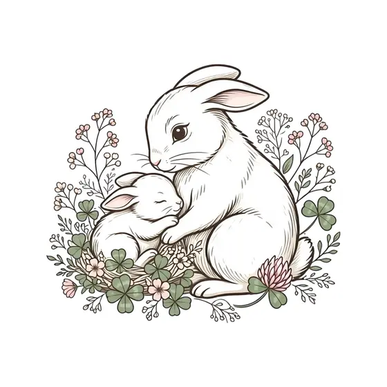 Rabbit Mother Watching Baby Among Blossoms