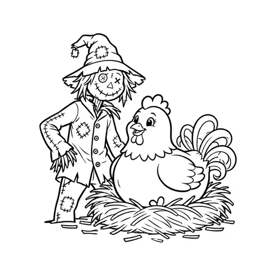 Cheerful Hen Beside Patched Scarecrow