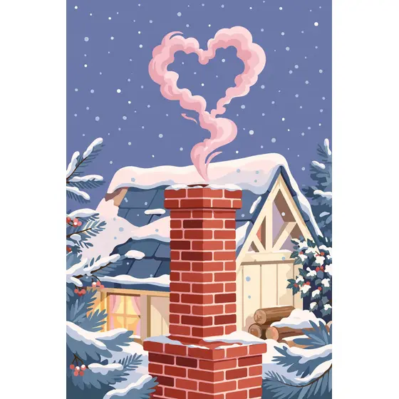 Heart-Shaped Pink Chimney Smoke Winter Cottage