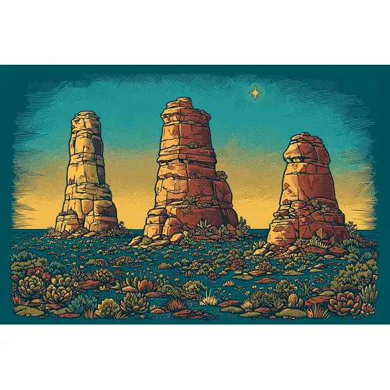 Three Sandstone Spires at Dusk