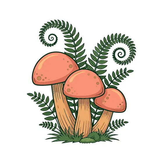 Three Coral Mushrooms With Fern Fronds