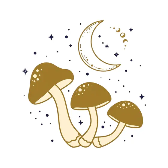 Gold Toadstool Trio Beneath Crescent Moon