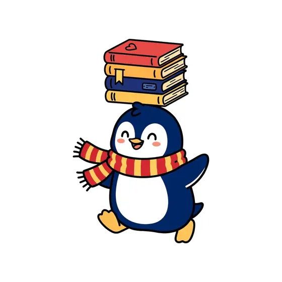 Penguin Balancing Four Books Sideways
