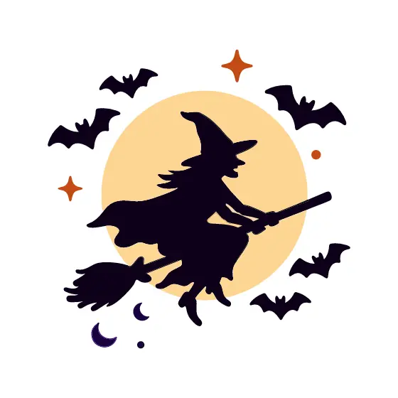 Witch Silhouette Flying Across Full Moon