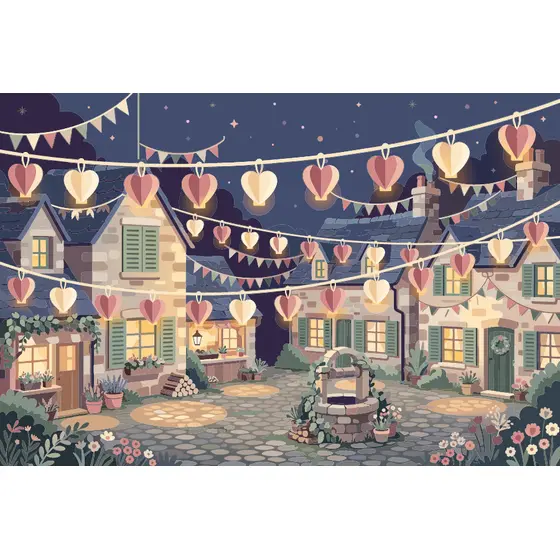 Dusk Village Square With Glowing Heart Lanterns