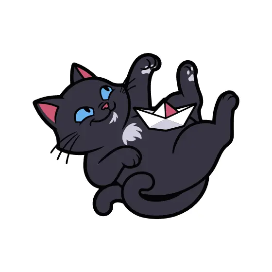 Black Cat Lounging Holding Paper Boat