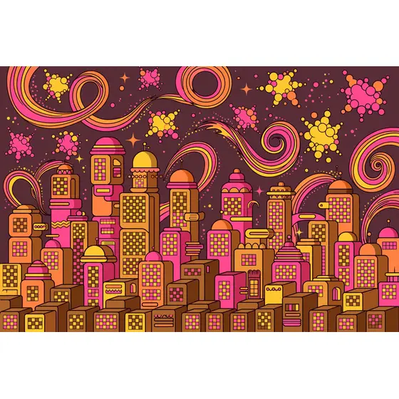 Retro Checkerboard Skyline With Rainbow Comets