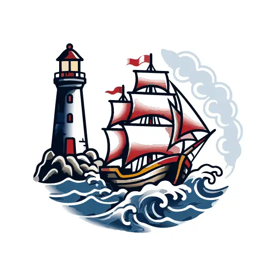 Red Sailed Ship Beside Lighthouse