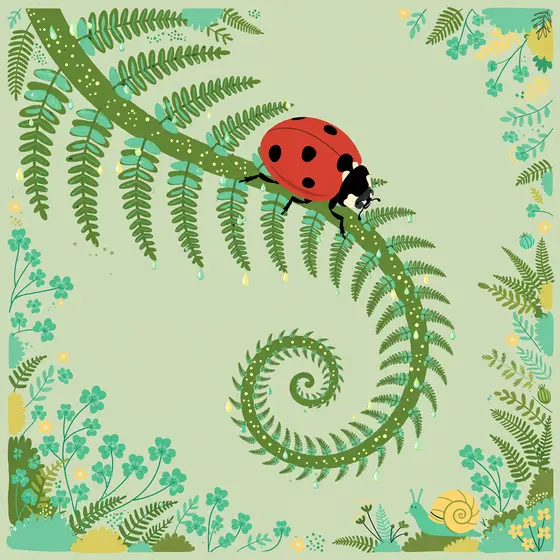 Red Ladybug Crawling on Curled Fern