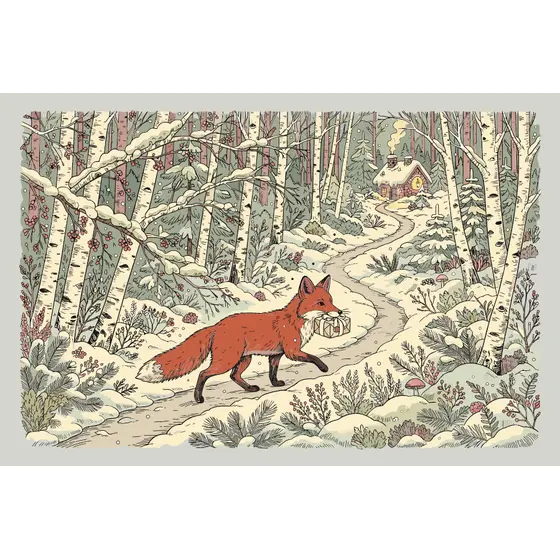 Red Fox Carrying Parcel Through Birch Forest