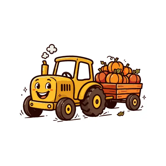 Yellow Tractor Pulling Pumpkin Wagon