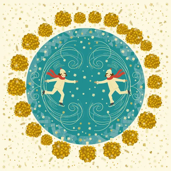 Twin Skaters on Teal Ice Pond