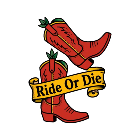 Red Cowboy Boots with Yellow Ride Or Die Banner