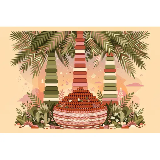Palm Trunks Over Date Basket at Dusk